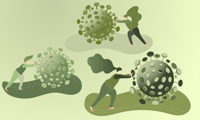 People pushing away and fighting against coronavirus. Pandemic outbreak concept illustration. Green concept of Covid-19 time. Vector design. 
