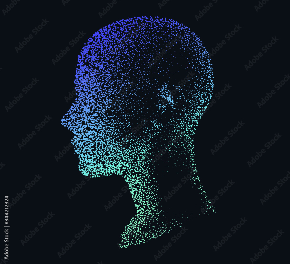 Aufkleber Silhouette of a human head made of dots and particles. Conceptual image of AI (artificial intelligence), VR (virtual reality), Deep Learning and Face recognition systems.