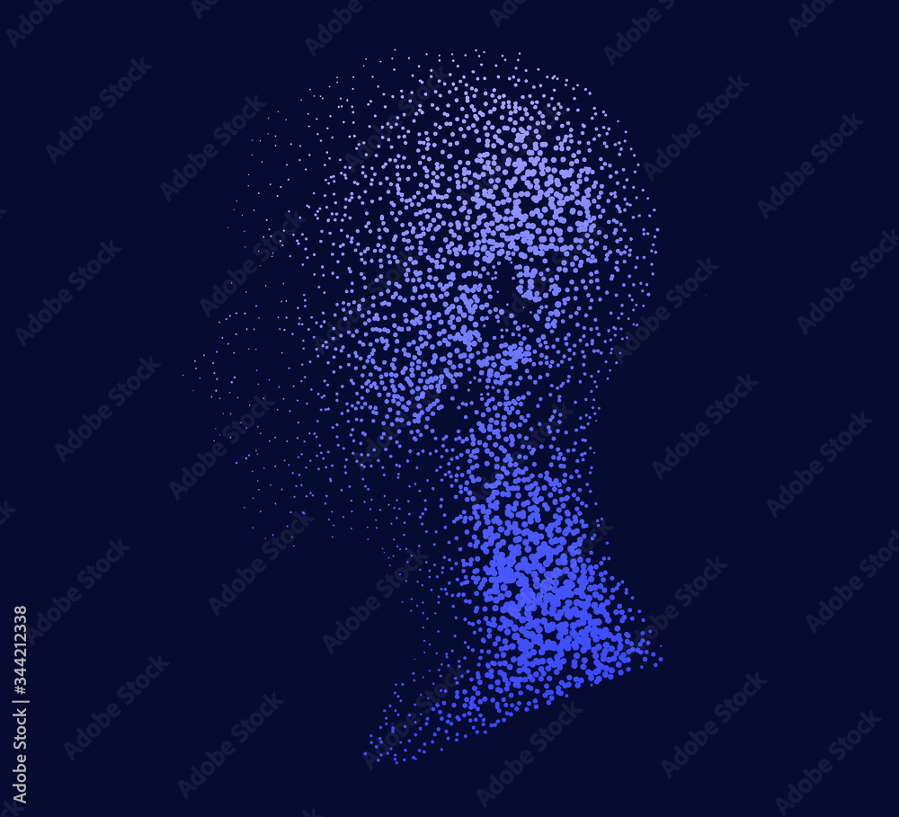 Poster Silhouette of a human head made of dots and particles. Conceptual image of AI (artificial intelligence), VR (virtual reality), Deep Learning and Face recognition systems.