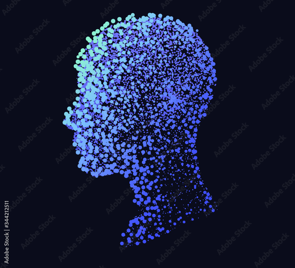 Aufkleber Silhouette of a human head made of dots and particles. Conceptual image of AI (artificial intelligence), VR (virtual reality), Deep Learning and Face recognition systems.