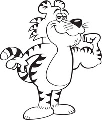 Black and white illustration of a smiling tiger making a muscle.