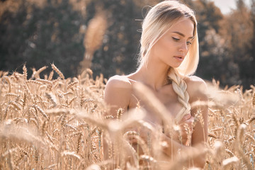 Belarusian blonde girl posing on the field of wheat so pretty and so beautiful and naked in nature © evgennish