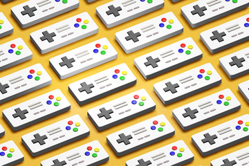Simple organised retro console game controllers gamepads repetitive array pattern, group abstract background, isometric top view. Vintage gaming controls, emulation concept, illustration, 3d render