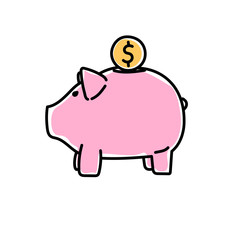 Piggy bank image in outline, flat style. Deposite, money, coin. Vector illustration.