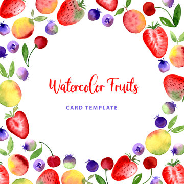 Watercolor fruit berry frame round border card. Strawberry, blueberry, cherry, apricot, peach fruits. Modern color trendy template for label, banner, card design, poster, cover print