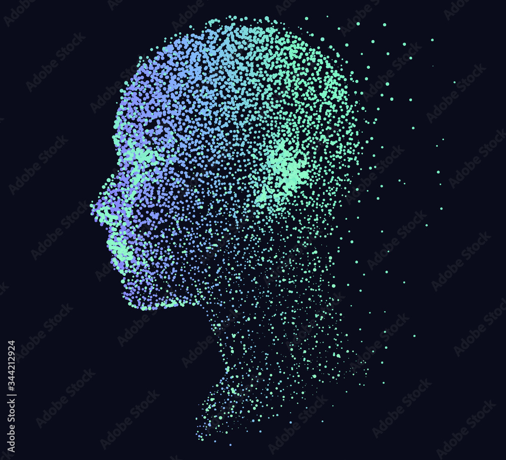 Poster Silhouette of a human head made of dots and particles. Conceptual image of AI (artificial intelligence), VR (virtual reality), Deep Learning and Face recognition systems.
