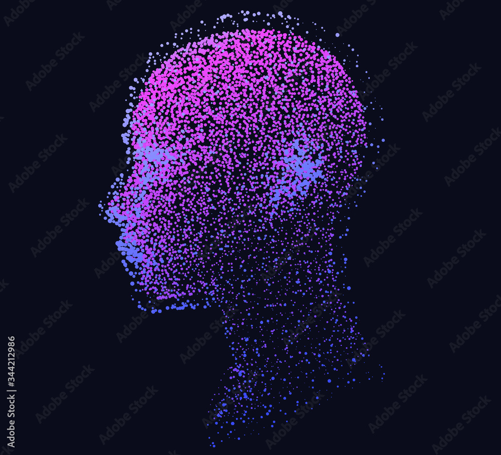 Aufkleber Silhouette of a human head made of dots and particles. Conceptual image of AI (artificial intelligence), VR (virtual reality), Deep Learning and Face recognition systems.