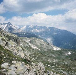 mountain landscape in the alps in summertime, towards the source of the Rhône