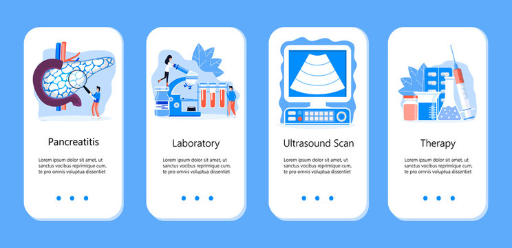 Pancreas doctors examine, make ultrasound. Tiny therapist looks through magnifying glass. Health care flat concept for app, web, flyer. Chronic problems endocrine systems.