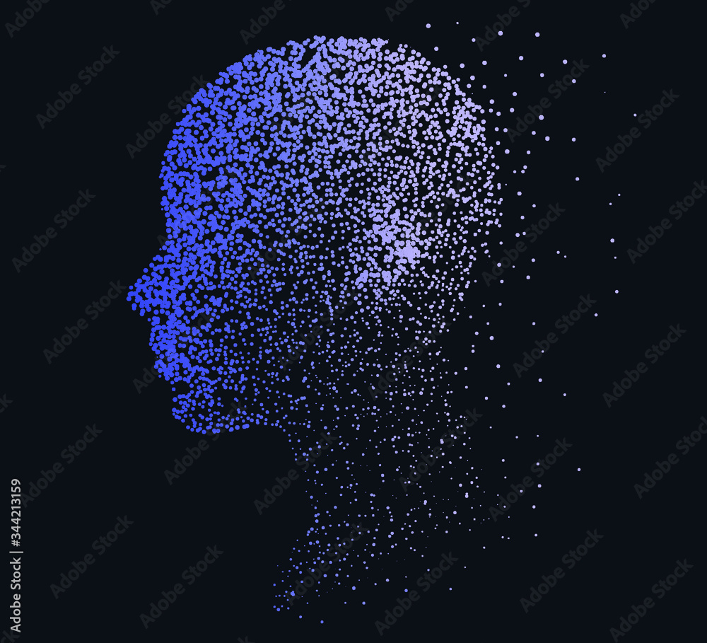 Aufkleber Silhouette of a human head made of dots and particles. Conceptual image of AI (artificial intelligence), VR (virtual reality), Deep Learning and Face recognition systems.