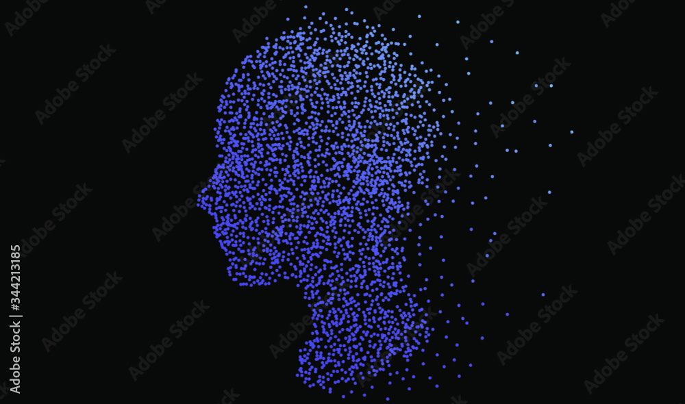 Poster Silhouette of a human head made of dots and particles. Conceptual image of AI (artificial intelligence), VR (virtual reality), Deep Learning and Face recognition systems.