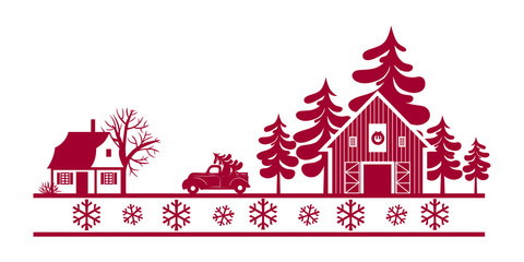 .Landscape with house, Christmas tree farm, Christmas truck and snowflakes. Hand drawn vector illustration.