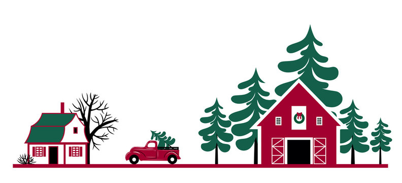 .Landscape with a house, a Christmas tree farm and a Christmas truck. Hand drawn vector illustration..