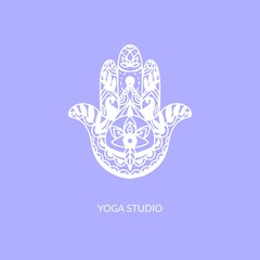 Hamsa hand, vector illustration of religious sign with all seeing eye. Yoga studio symbol. White illustration on purple background