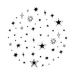 Vector collection of night sky elements. For the design of surfaces, prints, wrapping paper, cards, posters, banners, printing. Theme space, Cosmonautics Day, astronomy, stars. Celestial set