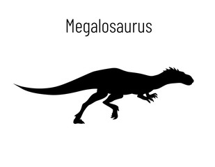 Megalosaurus. Theropoda dinosaur. Monochrome vector illustration of silhouette of prehistoric creature megalosaurus isolated on white background. Stencil. Fossil dinosaur.