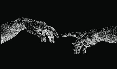 The Creation of Adam. Vector hand drawn dotwork illustration in postmodern vaporwave style. Fashion print for t-shirt or cover. - obrazy, fototapety, plakaty