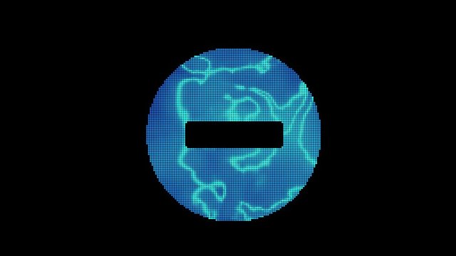 The symbol minus circle is assembled from small balls. Then it shimmers with blue. It crumbles and disappears. In - Out loop. Alpha channel