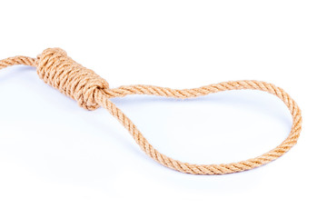 Tied noose symbol, brown rope loop knot, object isolated, white background, cut out. Suicide, death sentence symbolic, gallows, suicidal thoughts bad hopeless mental state abstract concept, nobody