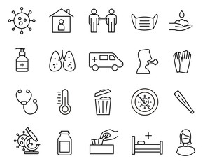 Coronavirus  Covid-19 linear style icons set. Symptoms, risk factors, prevention, cure signs and symbols, vector illustration
