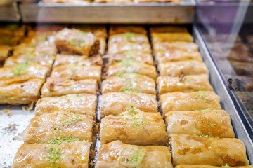 Delicious sweet pastry baklava sold on market in Agadir, Morocco