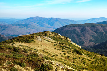 Fototapeta na wymiar Mountains panorama from Bratocea ridge, Ciucas mountains, Brasov county, Romania, 1720m