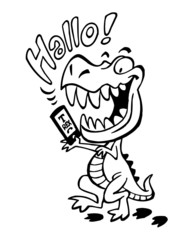 Tyrannosaurus rex holding a smart phone, phoning and smiling saying hallo, black and white cartoon joke