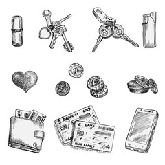 Set of ink sketch finance icons money, coins, wallet, credit cards, heart, keys, lipstick, lighter isolated on white background, Financial markets design concept Vintage engraving style