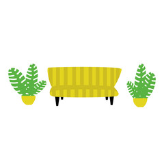 illustration in flat cartoon style. Yellow striped sofa and plants on the sides