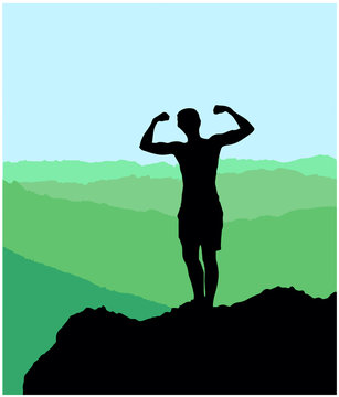 Black silhouette of a man standing on the top of the hill showing his strength. Mountains in the background. Black, green and blue vector illustration. 