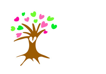 Brown tree with the leaves in the shape of a heart isolated on white background. Pink and green hearts. Illustration.