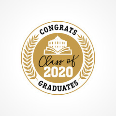 Class of 2020 in golden wreath, Congrats Graduates. Lettering Graduation calligraphy label. Vector illustration. Template for graduation design, party, high school or college graduate, yearbook