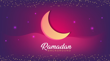 Plakat Ramadan Kareem yellow & purple background with the moon, blinking light, dark background, nice wavy design, Islamic festival eid ul Fitr illustration design