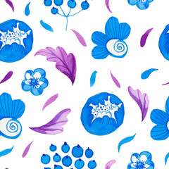 Watercolor seamless pattern with abstract flowers with leaves in blue and purple