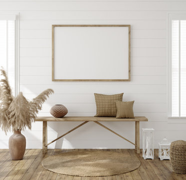 Frame mockup in farmhouse living room interior, 3d render
