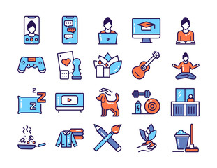 Home leisure line color icons set. Homework: Cleaning, Cooking, Yoga. Isolated vector element. 