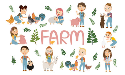 Set Farm Life. Boys and girls in work clothes play with piglets, geese, hens, roosters, chickens, lambs and goats. Farming and livestock. Vector illustration for children.