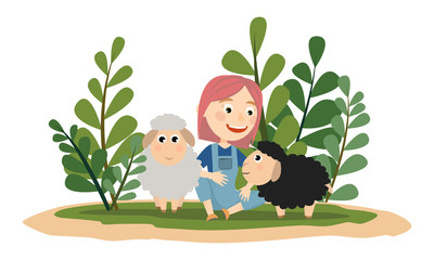 Children on the farm. Pink Hair Girl are playing with two fluffy lambs with black and gray fur. Pet. Vector children cartoon illustration