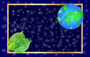 Naklejka premium Gold frame with earth globe, stars and leaves on dark space background. World earth day. World environment day. Green eco earth, friendly ecology concept. Creative Poster Or Banner. Stock vector