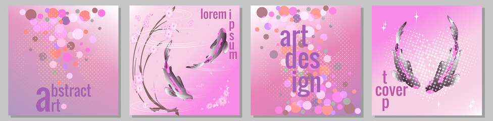 Set of square cards in romantic style. Flying bubbles, sakura, Koi happiness fish. Pink tones. Vector illustrations for decorating invitations, greetings, banners, posts on social networks, mobile app