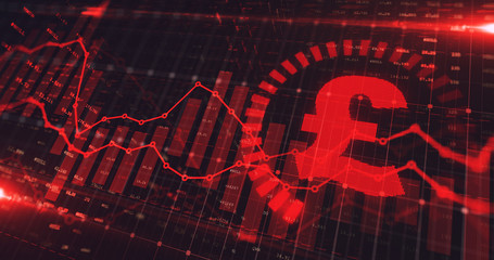 Stock market Pound trading graph in red color as economy 3D illustration background. Trading trends and economic statistics.