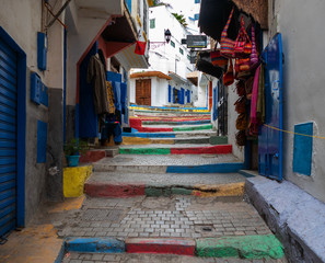 Fototapeta premium Colorful stairway in the souk of Tangier, Morocco