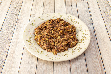 Plate of Spanish black pudding scrambled eggs