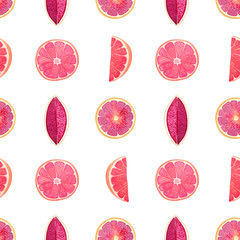 Hand drawn watercolor simple pattern with raspberry grapefruits on a white background. Print with semetrically arranged halves, quarters and slices of grapefruit or red orange.
