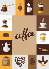 Background with coffee icons. Food illustration of beverage items.