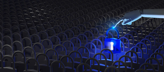 Cyborg hand protection Privacy server from hacker.Data security protection interface used by robot.Cyber Digital security,Smart system and web security Data Business Technology concept.3D rendering