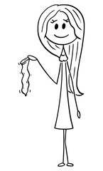 Vector cartoon stick figure drawing conceptual illustration of young attractive woman holding condom.