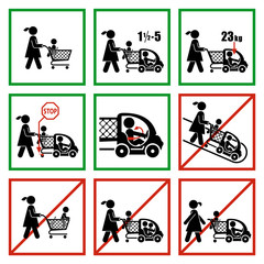 Rules on how to ride a child on shopping trolley. Set of pictograms which represent correct and wrong usage of shopping trolley.