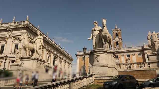 Antique figures in front of the palace of senators Rome Italy. Figures of the Tiber and the Nile.