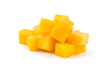 Cube shape cut from mango fruit isolated white background